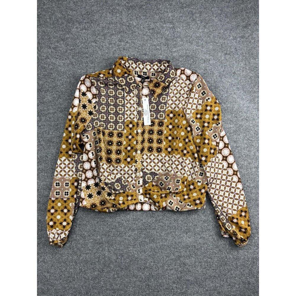 Drew Shirt Womens Large Brown Multi Print Collared Button Up Long Sleeve Top
